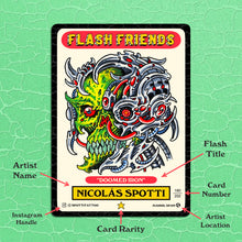 Charger l'image dans la galerie, Trading card that reads Flash Friends at the top in gold font. Art in the center is a green monster that is half robot. The bottom has the name of the art and the artist. There are arrows explaining what each area is. The background is green.