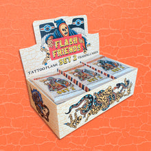 Load image into Gallery viewer, A cream colored box of Flash Friends set 2 trading cards created by Crocodile Jackson.  Artwork on all sides of the box.  Artwork is from tattoo artists around the world.  The background is orange.