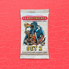 Load image into Gallery viewer, A package of Flash Friends set 2 trading cards created by Crocodile Jackson.  The background is red.