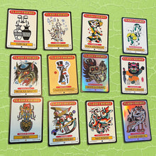 Load image into Gallery viewer, Twelve Flash Friends set 2 trading cards laid out four across and three down.  The background is lime green.