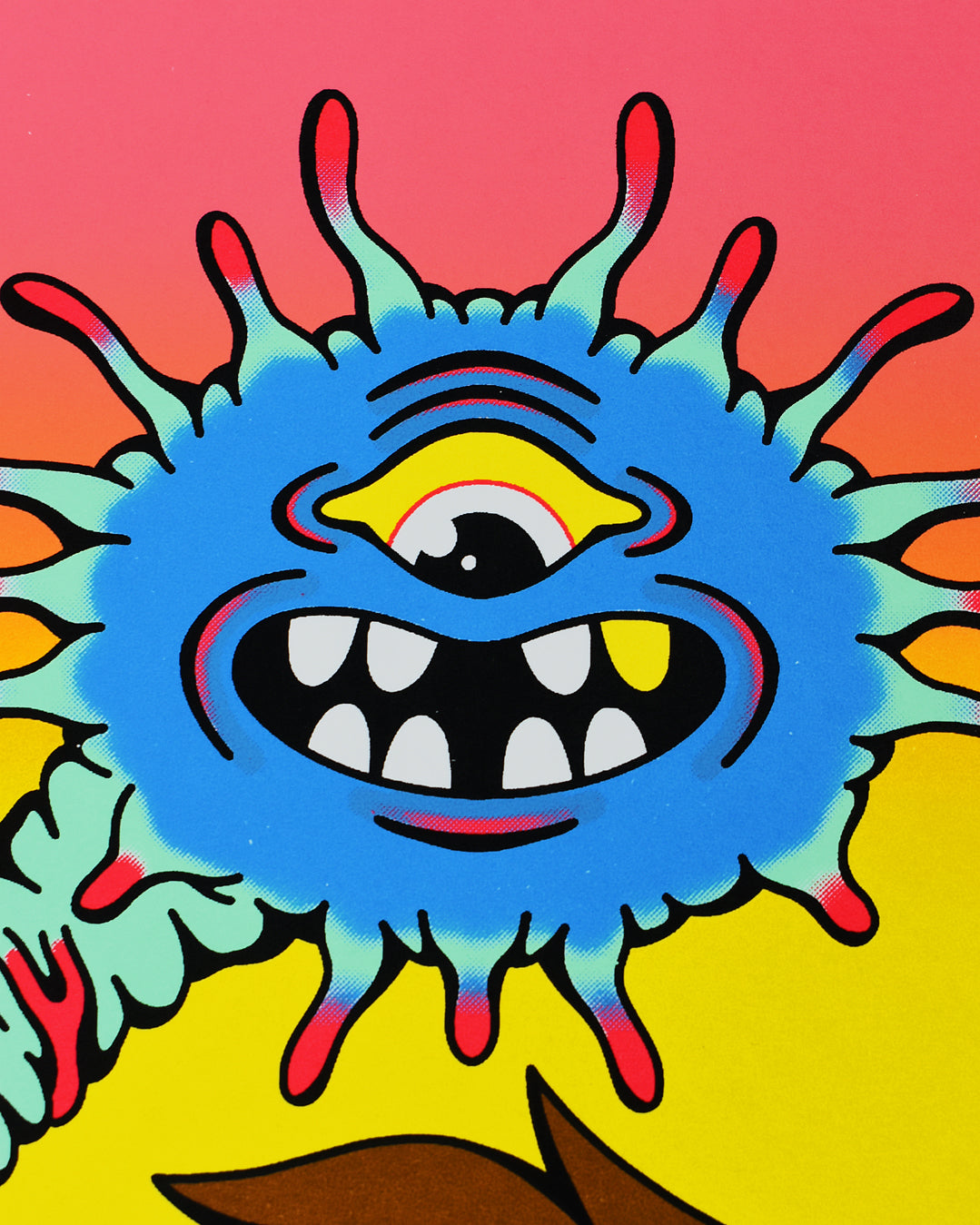 Poster that reads All My Friends Are in My Head. It has a brown haired kid with rosy chubby cheeks and 2 large front teeth, wearing a blue t-shirt and the kids arms are crossed. From the left side of his head a monster is coming out and over the kids head. The monster is blue with one eye and open mouth with eight teeth and antennas all around its face.