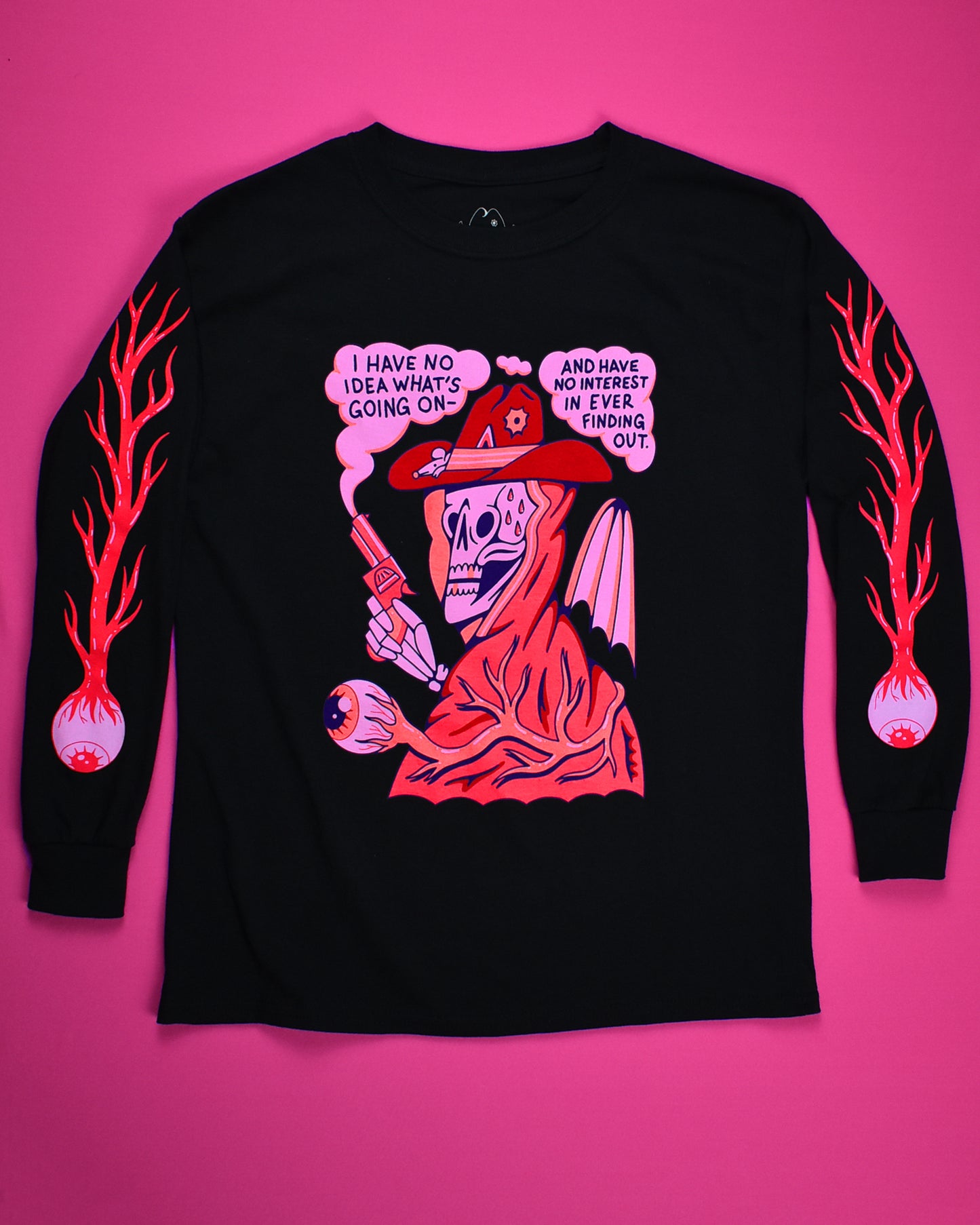 Black background with a bust of a skull in a red cloak and cowboy hat. The skull has 4 sweat drops on it's forehead and 2 gold teeth and is holding a red smoking gun in it's right hand. There is a large eye ball with veins connected to it at the bottom. The top reads I Have No Idea What's Going On and Have No Interest in Ever Finding Out.