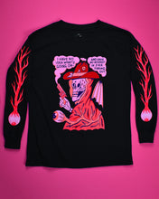 Load image into Gallery viewer, Black background with a bust of a skull in a red cloak and cowboy hat. The skull has 4 sweat drops on it's forehead and 2 gold teeth and is holding a red smoking gun in it's right hand. There is a large eye ball with veins connected to it at the bottom. The top reads I Have No Idea What's Going On and Have No Interest in Ever Finding Out.