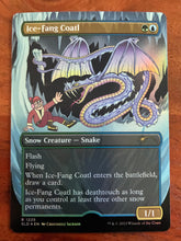 Cargar imagen en el visor de la galería, A Magic: The Gathering trading card titled "Ice-Fang Coatl" placed on a warm brown wooden surface. The card features artwork of a large purple and gray snake-like creature with wings in a snowy blue environment, with a wizard character in the lower left.
