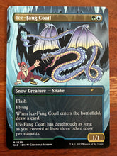 Cargar imagen en el visor de la galería, A Magic: The Gathering trading card titled "Ice-Fang Coatl" from the Silver Tempest expansion, featuring artwork of a blue and white coatl in a snowy cave with a small red-clad figure. The card is photographed on a wooden surface.
