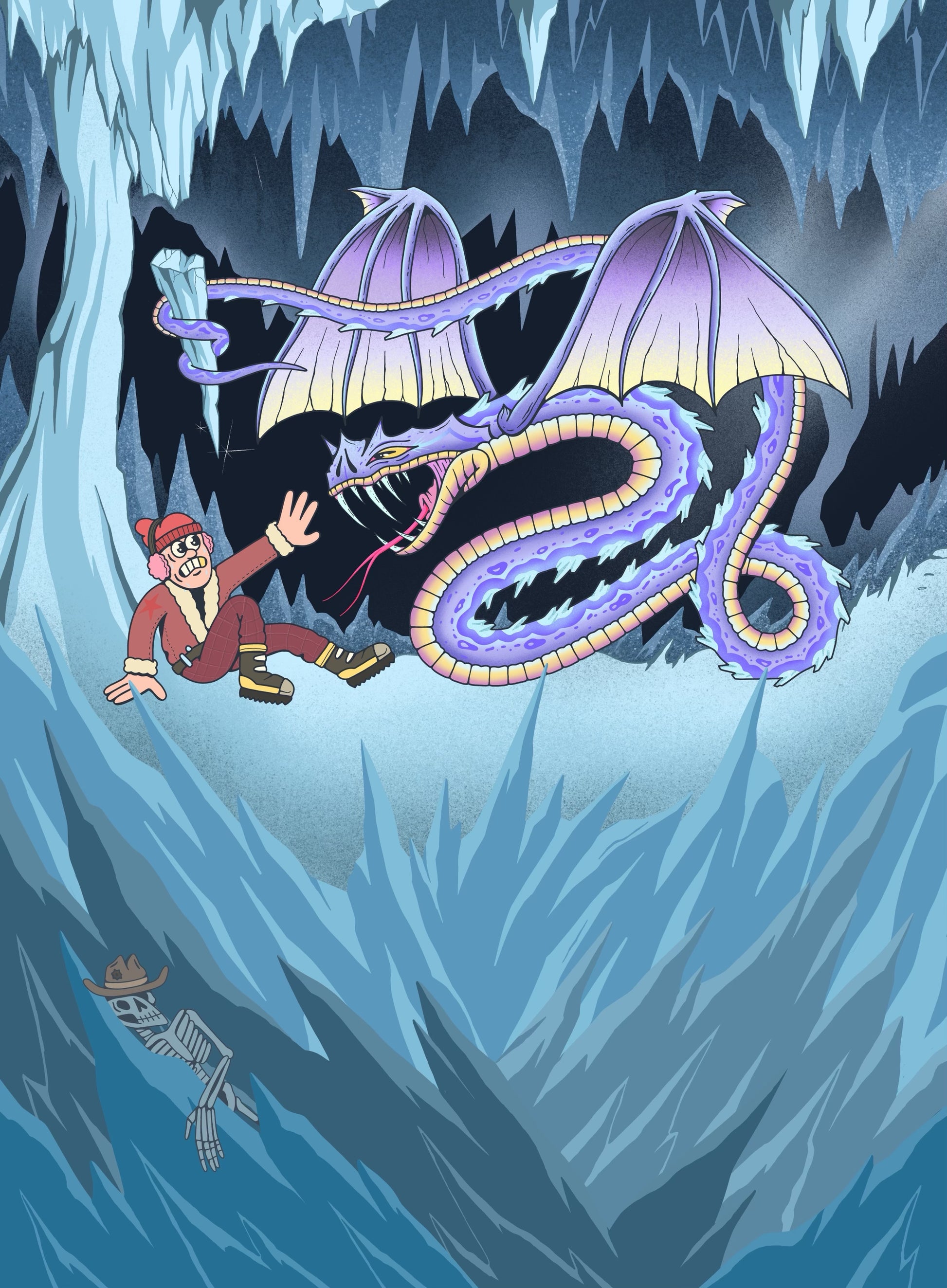 The back of a trading card from Hasbro's Magic the Gathering. This card is called Ice-Fang Coatl and the creature is a called a Snow Creature - Snake. It is a purple snake like dragon holding a large icicle over a cartoon man in a red outfit that is trying to stay alive.  They are surrounded by ice and below them is a human skeleton wearing a cowboy hat.