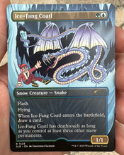 Load image into Gallery viewer, A trading card from Hasbro's Magic the Gathering.  This card is called Ice-Fang Coatl and the creature is a called a Snow Creature - Snake.  It is a purple snake like dragon holding a large icicle over a cartoon man in a red outfit that is trying to stay alive.  Below the image is a list of the powers of the creature.
