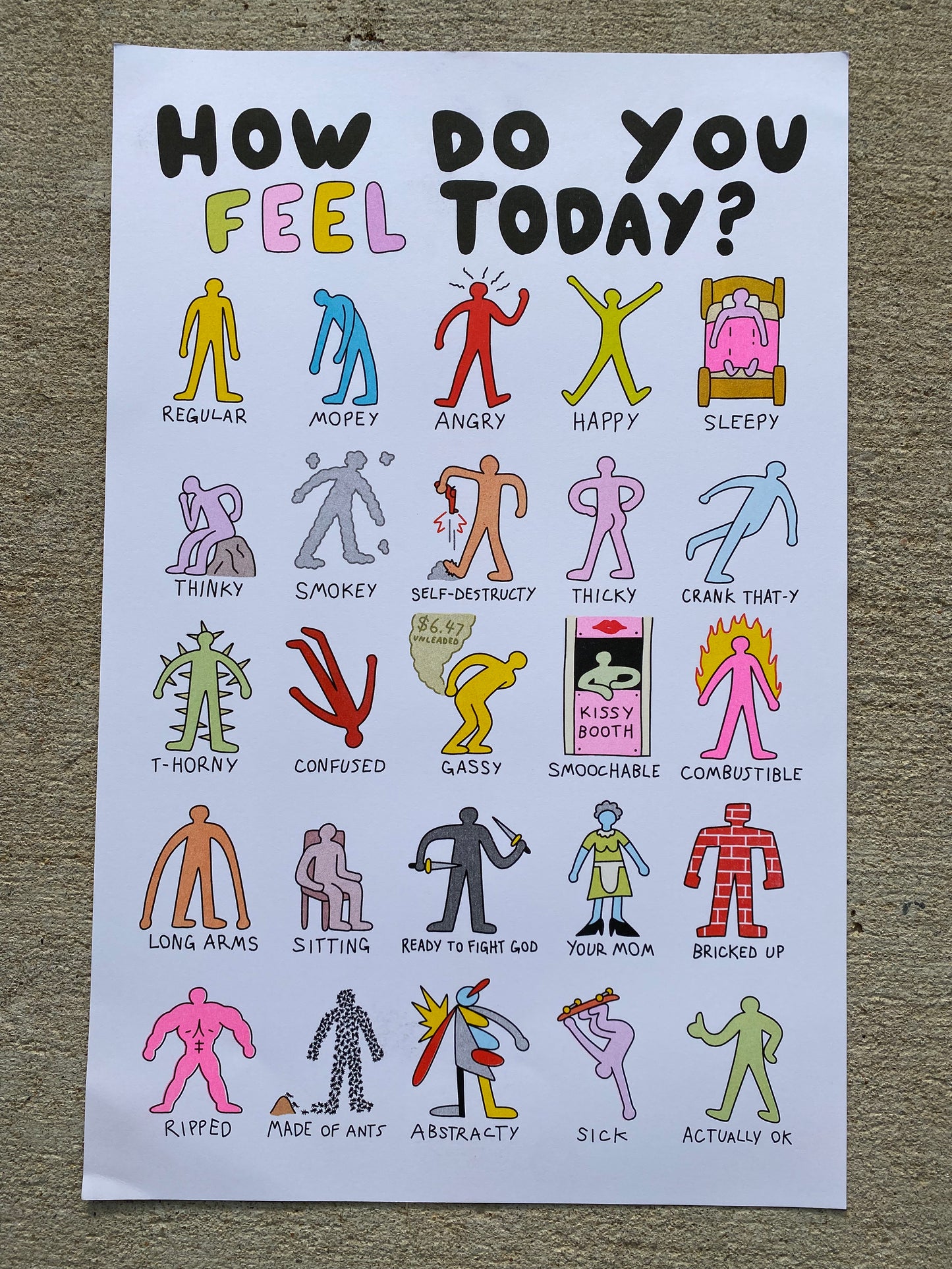 A white poster that reads How Do You Feel Today? at the top in black puffy font. Below that there are 5 rows of 5 different figures, each with a word below them. The top row of figures have Regular, Mopey, Angry, Happy & Sleepy below them.