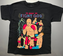 Charger l&#39;image dans la galerie, A black short sleeve t-shirt with 7 cartoon boxing figures printed on the front.  One opponent is in red gloves and trunks and the other is in blue gloves and trunks.  The blue trunks guy has a halo over his head and he has a long blond beard.  Above the graphic it reads I&#39;m Ready to Fight God.
