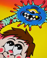 Poster that reads All My Friends Are in My Head. It has a brown haired kid with rosy chubby cheeks and 2 large front teeth, wearing a blue t-shirt and the kids arms are crossed. From the left side of his head a monster is coming out and over the kids head. The monster is blue with one eye and open mouth with eight teeth and antennas all around its face.