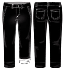 Graphic image of a black pair of pants - both the front and back.  The top stitching is in white and it has a white cuff on one leg rolled up.