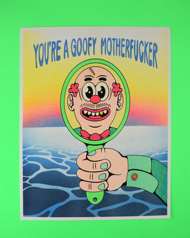 Risograph print previosuly described. The print is laying on top of a seafoam green background, the same color as the rim of the handheld mirror.
