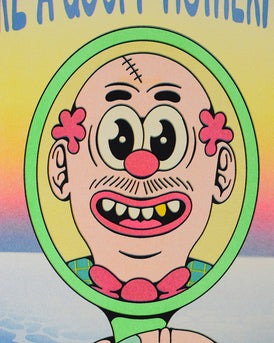 Closeup of the risograph print. The focus is on the mirror and the reflection of the goofy man previously described.