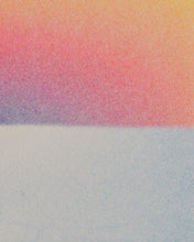 Cargar imagen en el visor de la galería, Closeup of the risograph print. The focus is on the intersection of the ocean and the sky, where a very light blue color of the ocean meets the blue, purple, red, and yellow gradient of the sunset. There is a grainy effect across everything.
