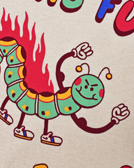 A close up of a smiling cartoon inch worm with flames on its back and tennis shoes on its feet.  The worm has 2 arms in the air with white gloves for hands showing off its bicep muscles.