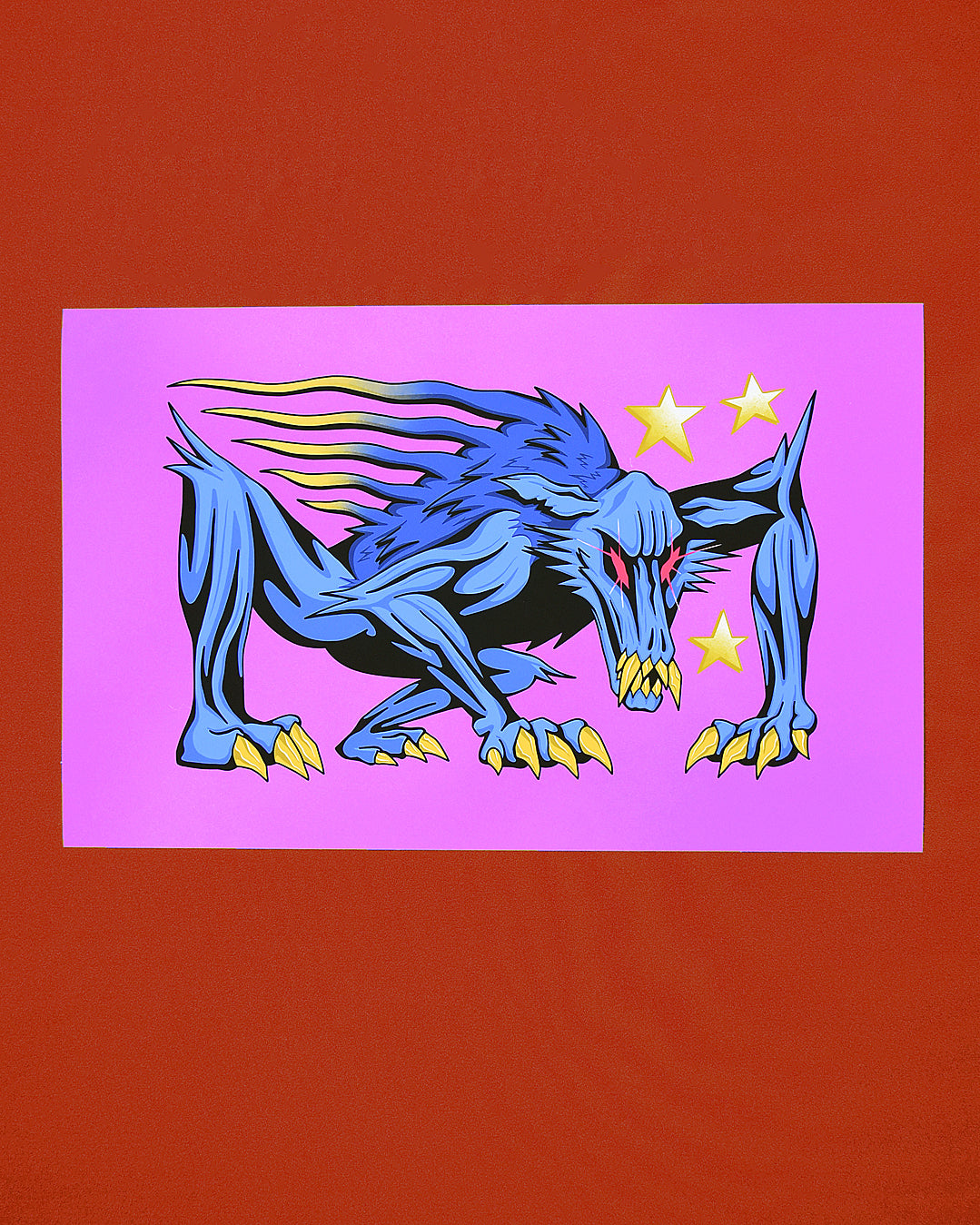 A giclee print of a blue creature with gold fangs and claws with red eyes.  The creature is down on all four legs like a human dog.  The background is purple.  3 gold stars are also in the background.  Original art of the Ravenous Chupacabra creature from Hasbro's Magic the Gathering. 