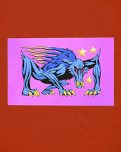 Load image into Gallery viewer, A giclee print of a blue creature with gold fangs and claws with red eyes.  The creature is down on all four legs like a human dog.  The background is purple.  3 gold stars are also in the background.  Original art of the Ravenous Chupacabra creature from Hasbro's Magic the Gathering. 
