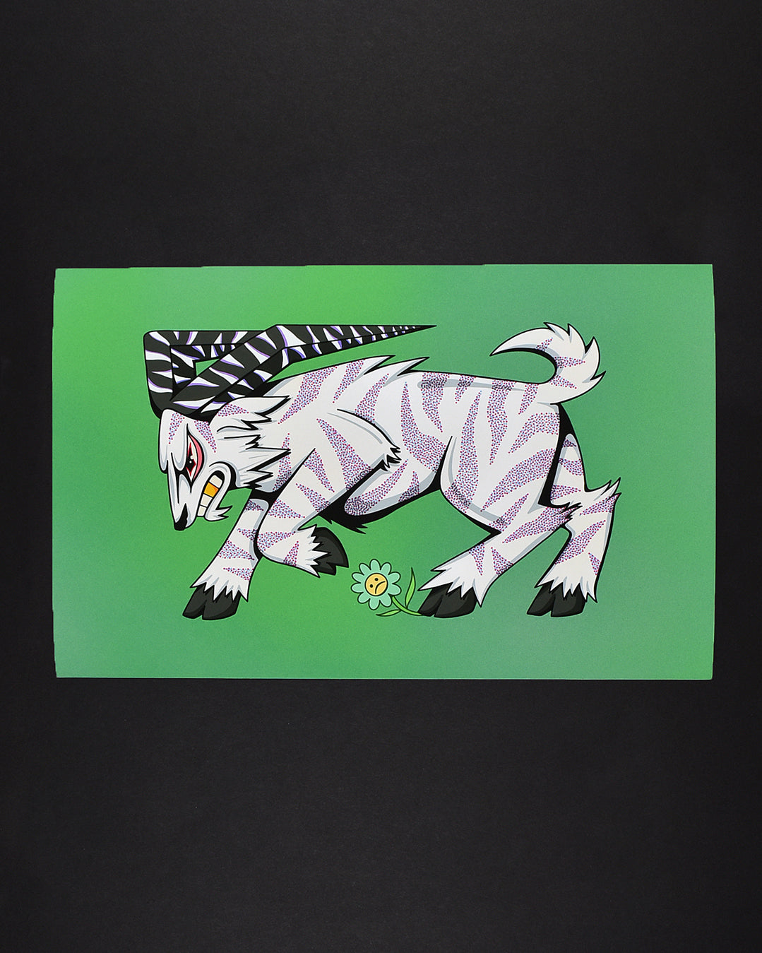 A giclee painting of a purple striped ibex creature with 1 gold fang and long horns.  It's head is down in a striking pose as it is stepping on a flower that has a sad face in the center.  The background is green. Original art of the Pathbreaker Ibex creature from Hasbro's Magic the Gathering.