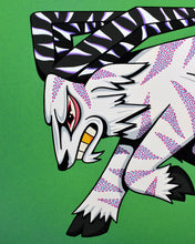 Load image into Gallery viewer, A close up of a giclee painting of a purple striped ibex creature with 1 gold fang and long horns. It's head is down in a striking pose. The background is green. Original art of the Pathbreaker Ibex creature from Hasbro's Magic the Gathering.
