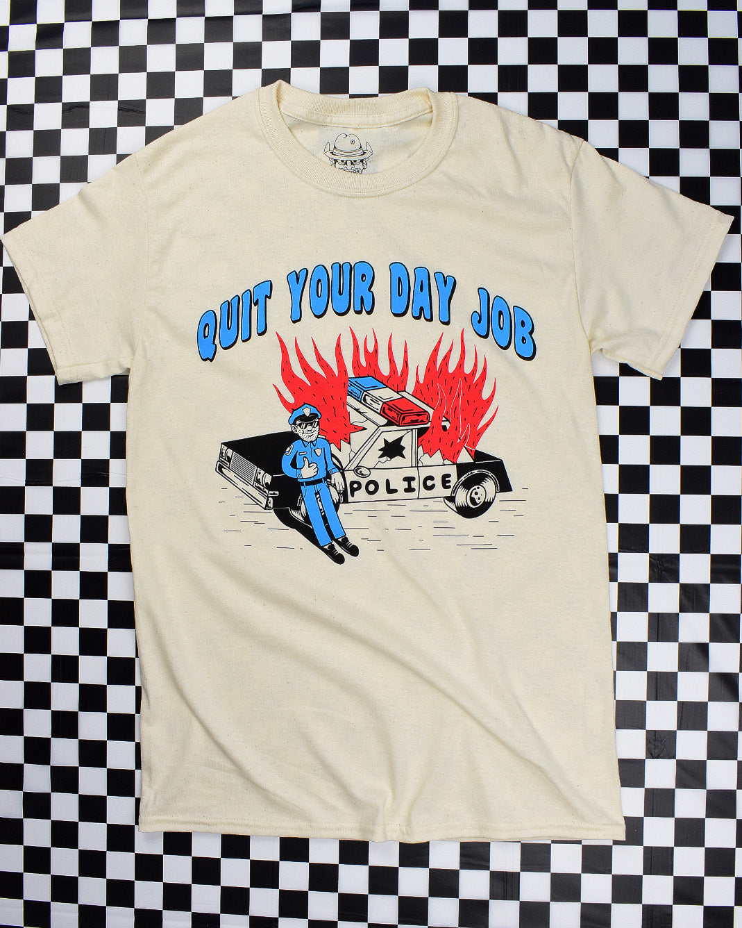 Flaming cop car on natural short-sleeve t-shirt that reads Quit Your Day Job designed by Crocodile Jackson.