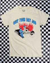 Cargar imagen en el visor de la galería, Flaming cop car on natural short-sleeve t-shirt that reads Quit Your Day Job designed by Crocodile Jackson.
