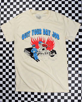 Flaming cop car on natural short-sleeve t-shirt that reads Quit Your Day Job designed by Crocodile Jackson.