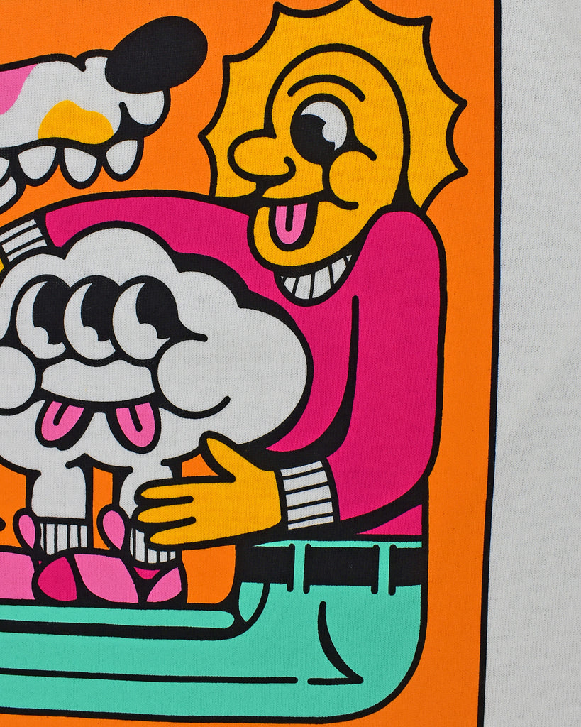 A white short sleeve t-shirt with Work Hard printed at the top of the graphic in the center of the front of the shirt. Play Nice is printed at the bottom. Each letter is a different color of either pink, mint green, hot pink or yellow. The center graphic is a cartoon of a spotted dog with a very long snout, a lava lamp, Cloudia and person with very long legs. All in the same colors as the letters.