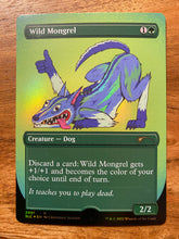 Load image into Gallery viewer, A trading card that shimmers in the light when you move it.  The image is a blue, green and white cartoon dog in a playful position with it's butt in the air.  The right paw is extended in the air with a thumbs up.  The title at the top of the card reads Wild Mongrel.  From Hasbro's Magic the Gathering game.

