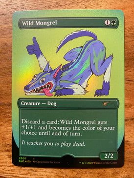 A trading card that shimmers in the light when you move it.  The image is a blue, green and white cartoon dog in a playful position with it's butt in the air.  The right paw is extended in the air with a thumbs up.  The title at the top of the card reads Wild Mongrel.