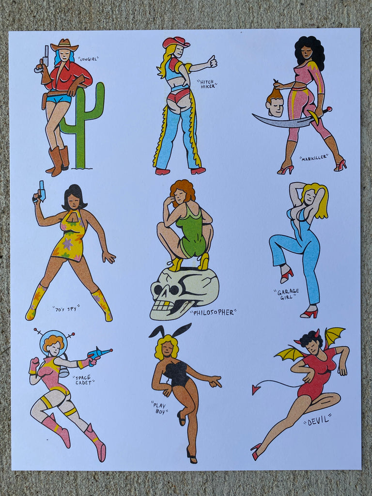 Poster with concrete as the backdrop.  Printed on the poster are 9 pinup girls in various costumes and poses.  The 1st row has 2 cowgirls and 1 super girl w/a machete.  The 2nd row has a 1970's spy girl, a thinker and a disco girl.  The bottom row has a space girl, a bunny girl and a devil girl. 
