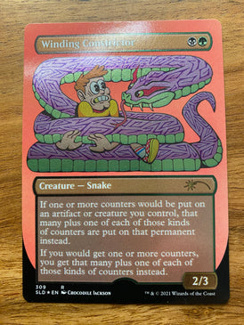 A shimmering trading card with a title at the top that reads Winding Constrictor.  The cartoon image is of a purple snake with a green under belly wrapped around a very frightened young man.  The man and snake are facing each other.  The man has a yellow t-shirt on and one leg is sticking out showing a red and white checked sneaker and white tube sock with a blue and red stripe.  At the bottom is the information on the game Magic the Gathering from Hasbro.