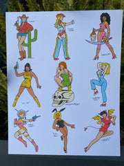 Poster with a plant as the backdrop.  Printed on the poster are 9 pinup girls in various costumes and poses.  The 1st row has 2 cowgirls and 1 super girl w/a machete.  The 2nd row has a 1970's spy girl, a thinker and a disco girl.  The bottom row has a space girl, a bunny girl and a devil girl. 