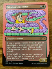 Trading card with a title at the top that reads Winding Constrictor.  The cartoon image is of a purple snake with a green under belly wrapped around a very frightened young man.  The man and snake are facing each other.  The man has a yellow t-shirt on and one leg is sticking out showing a red and white checked sneaker and white tube sock with a blue and red stripe.  At the bottom is the information on the game Magic the Gathering from Hasbro.