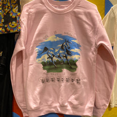 Pink sweatshirt with a horse printed in the middle & it is walking on green grass under a blue sky with white clouds.  Above the horse are the words Life is Weird and below the horse it reads And That Is Ok.  Below those words are 8 skulls lined up.
